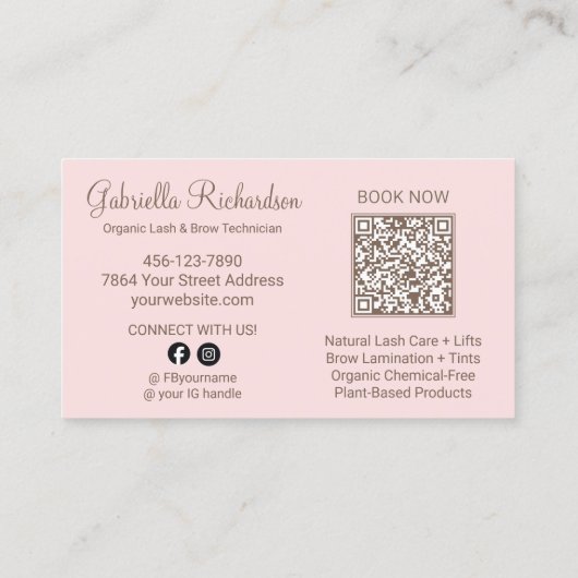 Carte De Visite Blush Pink Script Photo QR Code Brows and Lashes (Dos)