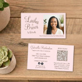 Carte De Visite Blush Pink Script Photo QR Code Lashes and Brows