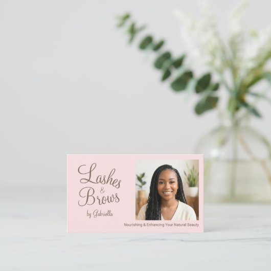 Carte De Visite Blush Pink Script Photo QR Code Lashes and Brows (Debout devant)