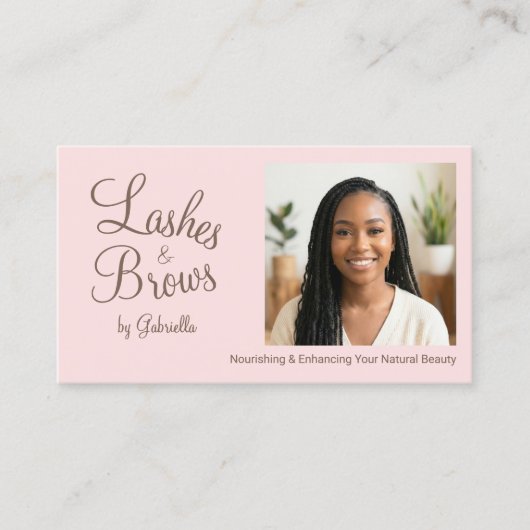 Carte De Visite Blush Pink Script Photo QR Code Lashes and Brows (Devant)