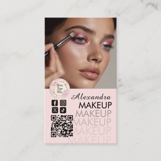 Carte De Visite Blush Pink Script QR Code Photo Makeup (Devant)