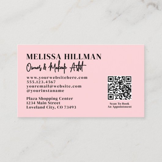 Carte De Visite Blush Pink Script QR Code Photo Makeup (Dos)
