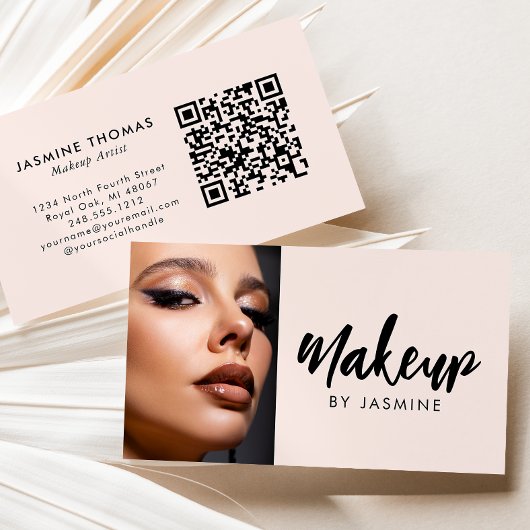 Carte De Visite Blush Pink Script QR Code Photo Makeup