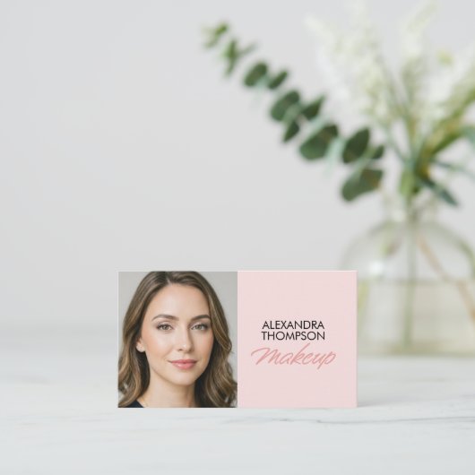 Carte De Visite Blush Pink Script Qr Code Social Icon Makeup (Debout devant)