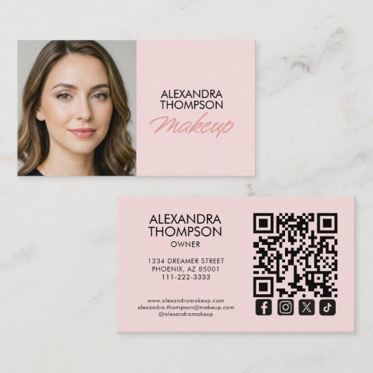 Carte De Visite Blush Pink Script Qr Code Social Icon Makeup (Devant / Derrière)