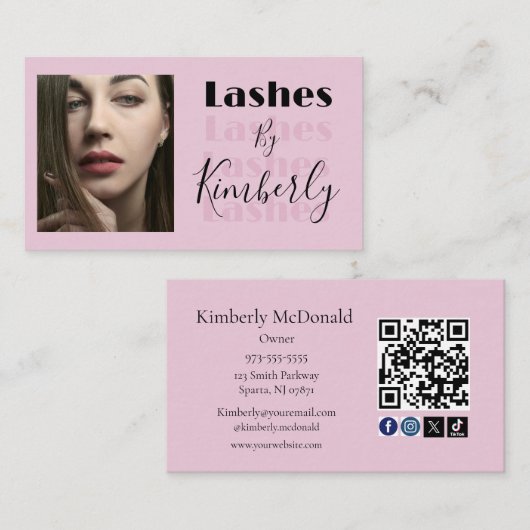 Carte De Visite Blush Pink Script Social Icon QR Code Photo Lashes (Devant / Derrière)