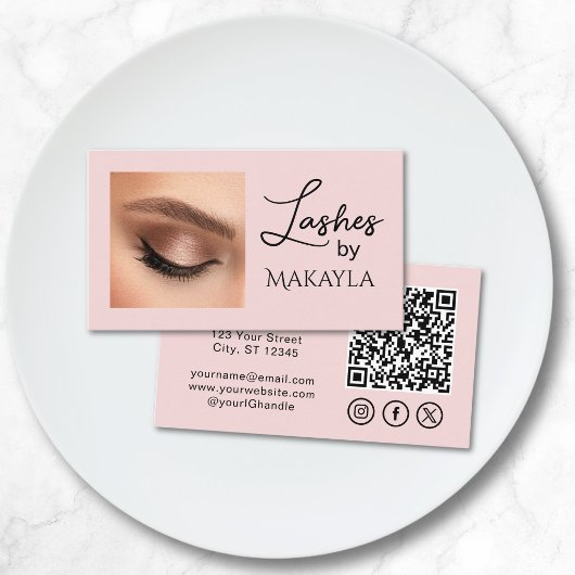Carte De Visite Blush Pink Script Social Icon QR Code Photo Lashes