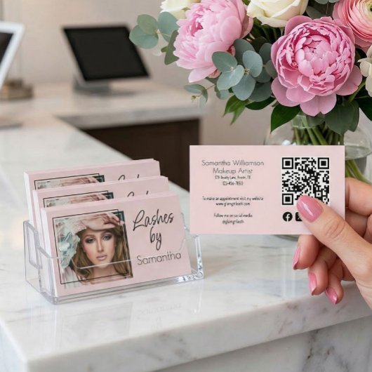 Carte De Visite Blush Pink Script Social Icon QR Code Photo Lashes