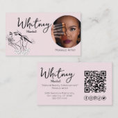 Carte De Visite Blush Pink Script Social Icon QR Code Photo Makeup (Devant / Derrière)