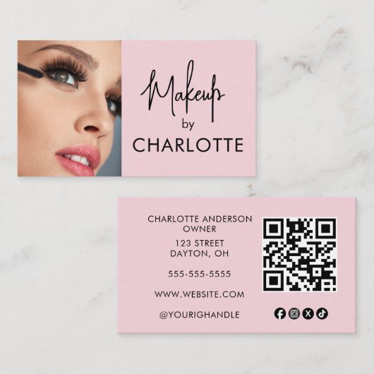 Carte De Visite Blush Pink Script Social Icon QR Code Photo Makeup (Devant / Derrière)