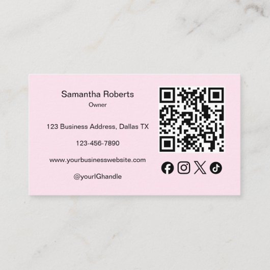 Carte De Visite Blush Pink Script Social Icon QR Code Photo Makeup (Dos)