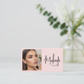 Carte De Visite Blush Pink Script Social Icon QR Code Photo Makeup (Debout devant)