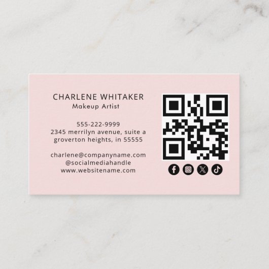 Carte De Visite Blush Pink Script Social Icon QR Code Photo Makeup (Dos)