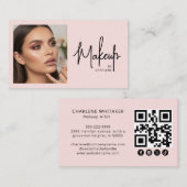 Carte De Visite Blush Pink Script Social Icon QR Code Photo Makeup (Devant / Derrière)