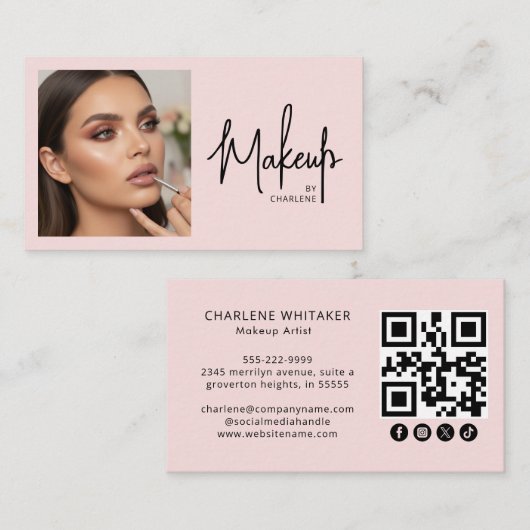 Carte De Visite Blush Pink Script Social Icon QR Code Photo Makeup (Devant / Derrière)