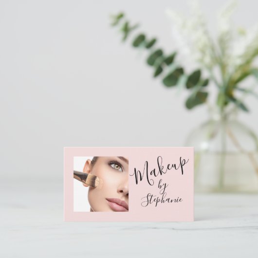Carte De Visite Blush Pink Script Social Icon QR Code Photo Makeup (Debout devant)