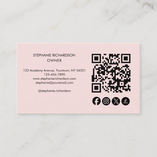 Carte De Visite Blush Pink Script Social Icon QR Code Photo Makeup (Dos)