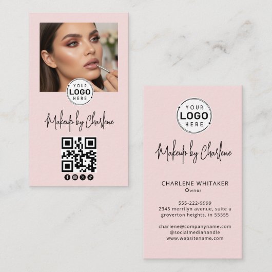 Carte De Visite Blush Pink Script Social Icon QR Code Photo Makeup (Devant / Derrière)