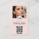 Carte De Visite Blush Pink Script Social Icon QR Code Photo Makeup (Devant)