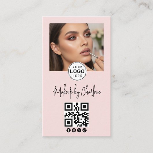 Carte De Visite Blush Pink Script Social Icon QR Code Photo Makeup (Devant)