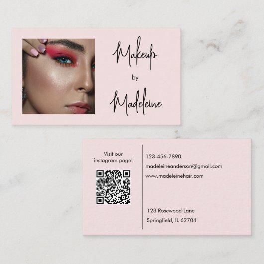 Carte De Visite Blush Pink Script Social Icon QR Code Photo Makeup (Devant / Derrière)