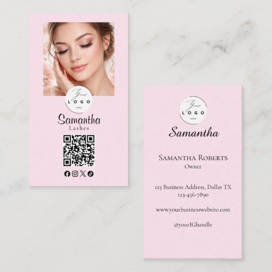 Carte De Visite Blush Pink Script Social Icon QR Code Photo Makeup (Devant / Derrière)