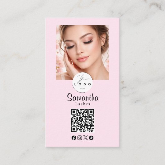 Carte De Visite Blush Pink Script Social Icon QR Code Photo Makeup (Devant)