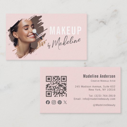 Carte De Visite Blush Pink Script Social Icon QR Code Photo Makeup (Devant / Derrière)