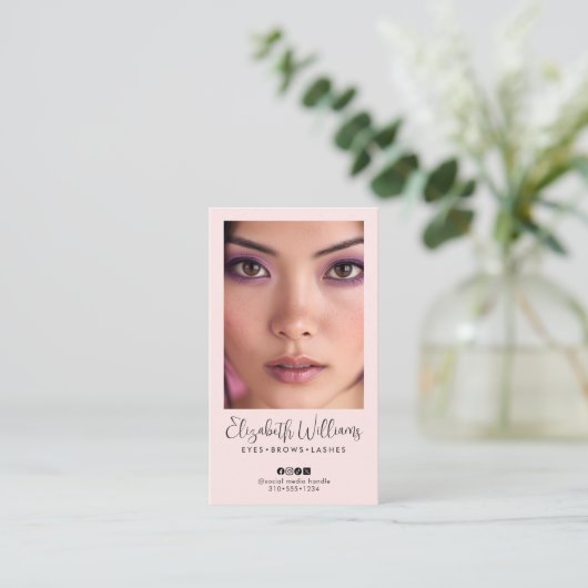 Carte De Visite Blush Pink Script Social Icon QR Code Photo Makeup (Debout devant)