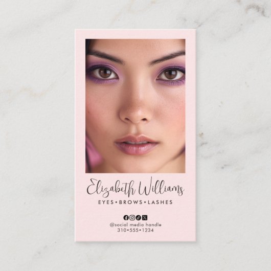 Carte De Visite Blush Pink Script Social Icon QR Code Photo Makeup (Devant)