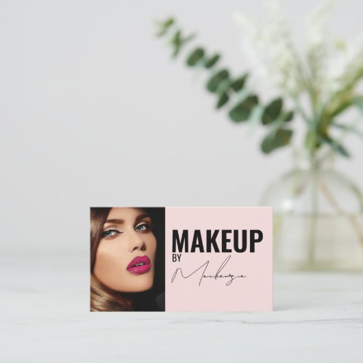Carte De Visite Blush Pink Script Social Icon QR Code Photo Makeup (Debout devant)