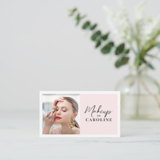 Carte De Visite Blush Pink Script Social Icon QR Code Photo Makeup (Debout devant)