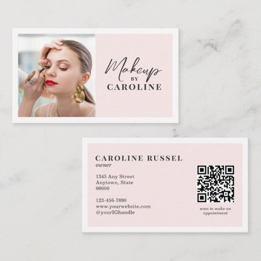 Carte De Visite Blush Pink Script Social Icon QR Code Photo Makeup (Devant / Derrière)
