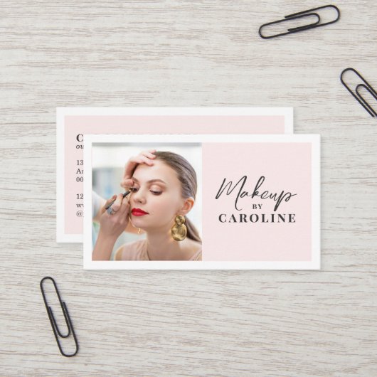 Carte De Visite Blush Pink Script Social Icon QR Code Photo Makeup (Devant/Arrière en situation)