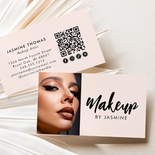Carte De Visite Blush Pink Script Social Icon QR Code Photo Makeup
