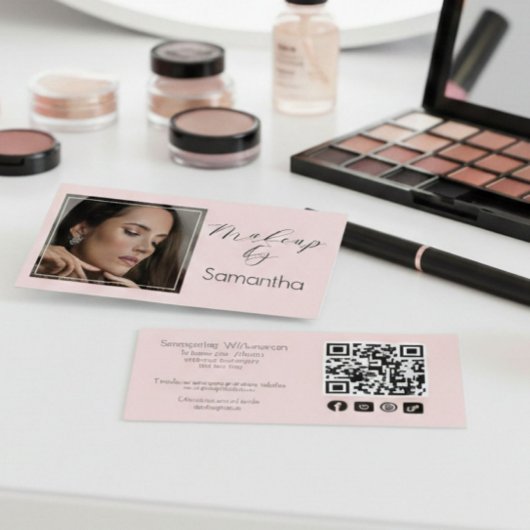 Carte De Visite Blush Pink Script Social Icon QR Code Photo Makeup