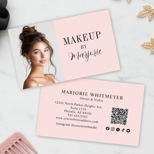 Carte De Visite Blush Pink Script Social Icon QR Code Photo Makeup