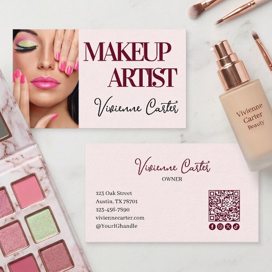 Carte De Visite Blush Pink Script Social Icon QR Code Photo Makeup