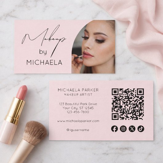 Carte De Visite Blush Pink Script Social Icon QR Code Photo Makeup