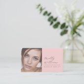 Carte De Visite Blush Pink Script Social Icon QR Code Photo Makeup (Debout devant)