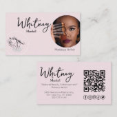 Carte De Visite Blush Pink Script Social Icon QR Code Photo Makeup (Devant / Derrière)