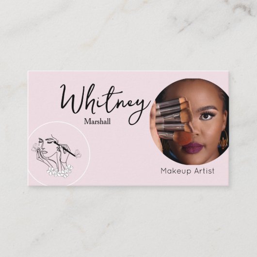 Carte De Visite Blush Pink Script Social Icon QR Code Photo Makeup (Devant)