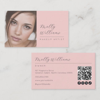 Carte De Visite Blush Pink Script Social Icon QR Code Photo Makeup