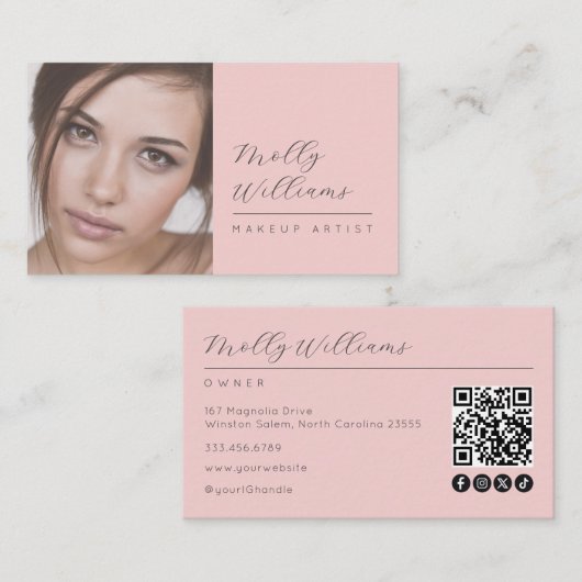 Carte De Visite Blush Pink Script Social Icon QR Code Photo Makeup (Devant / Derrière)