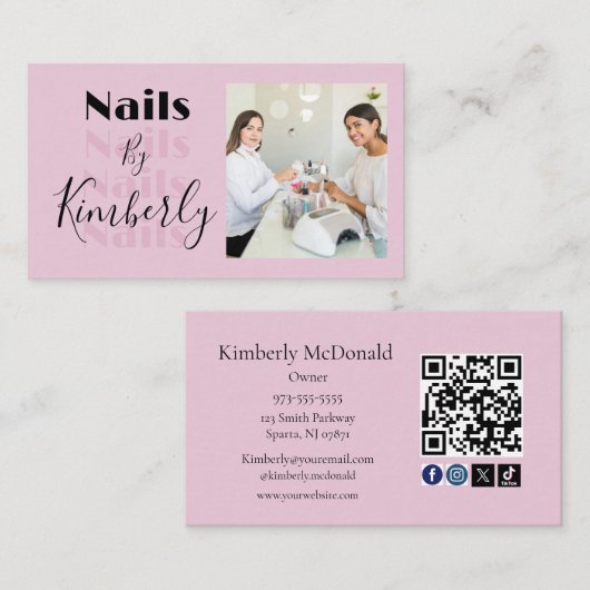 Carte De Visite Blush Pink Script Social Icon QR Code Photo Nails (Devant / Derrière)