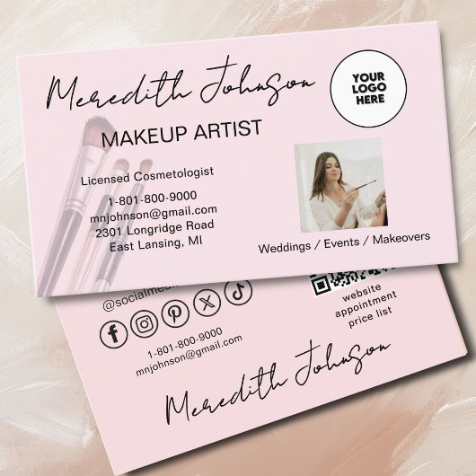 Carte De Visite **Blush Pink Script Social Icon QR Photo Makeup