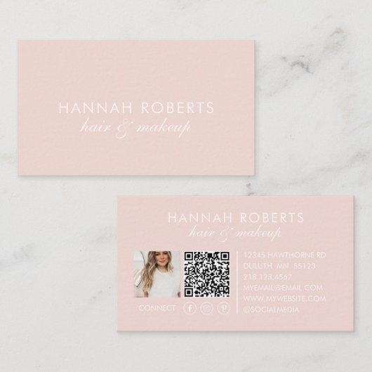 Carte De Visite Blush Pink Script Social QR Code Photo Hair Makeup (Devant / Derrière)
