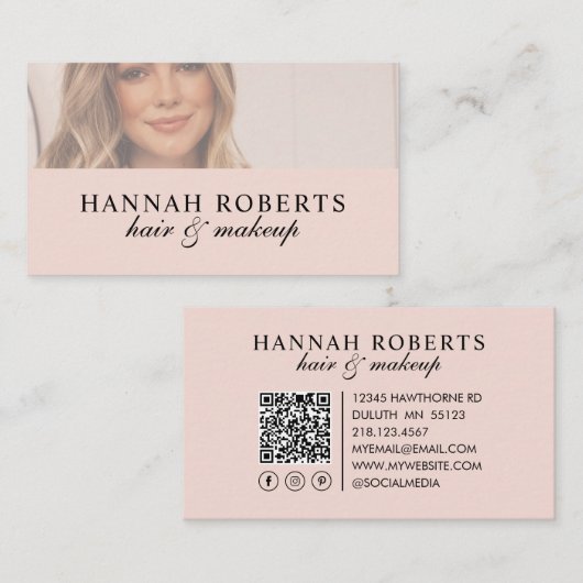 Carte De Visite Blush Pink Script Social QR Code Photo Hair Makeup (Devant / Derrière)