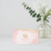 Carte De Visite Blush Rose Chic Paillet Or Marbre Agate Monogramme (Debout devant)