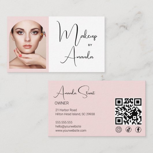 Carte De Visite Blush Rose Code QR d'Icône Sociale Script Photo Ma (Devant / Derrière)